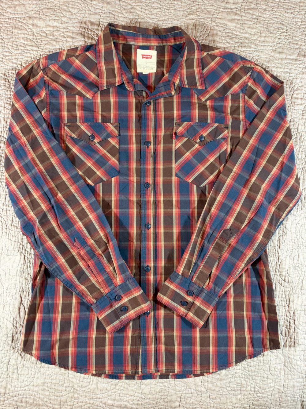 Levi's Plaid Button-Down Shirt in Blue and Brown with Red Accents